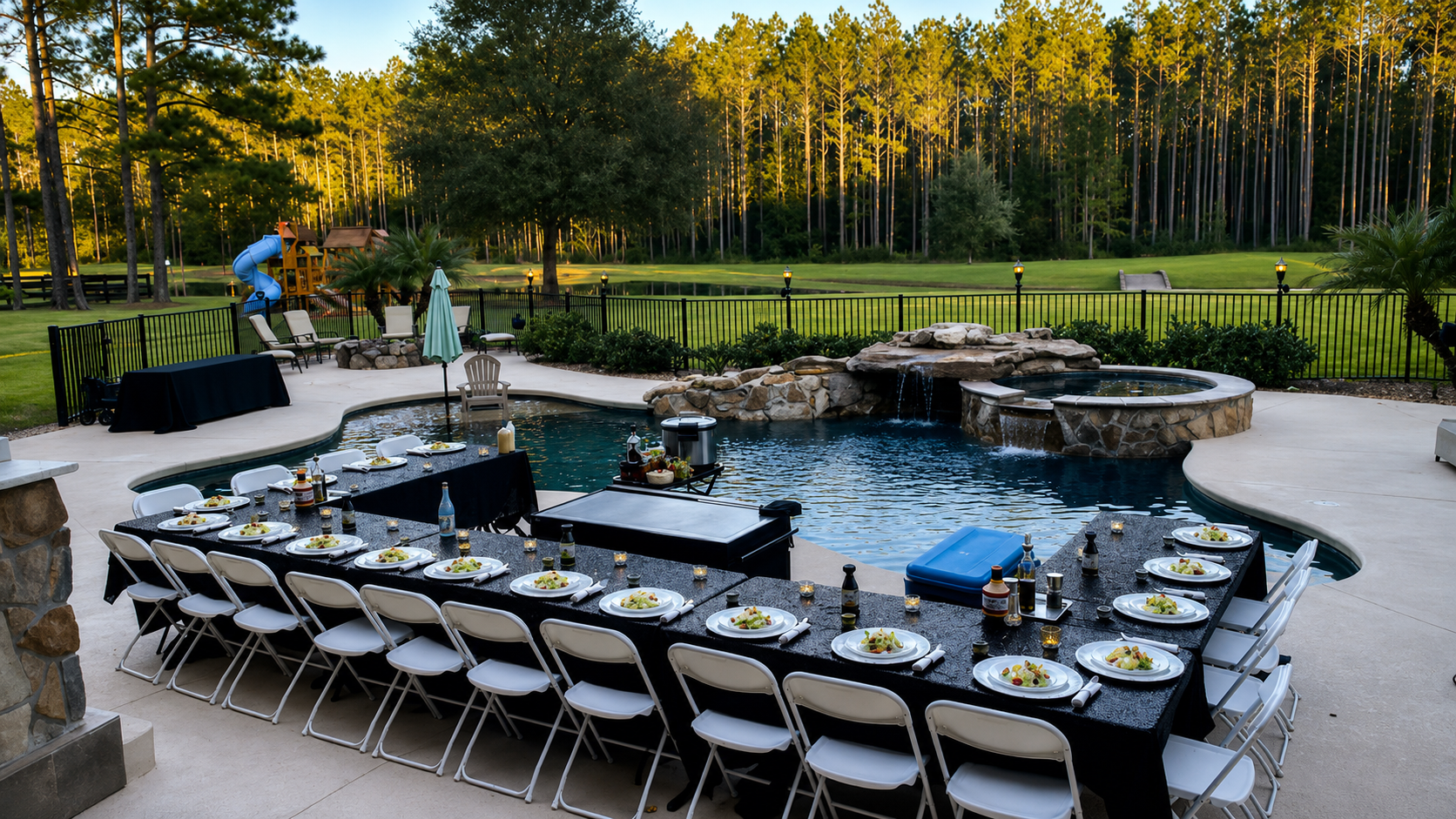Hibachi setup poolside in a private backyard at golden hour